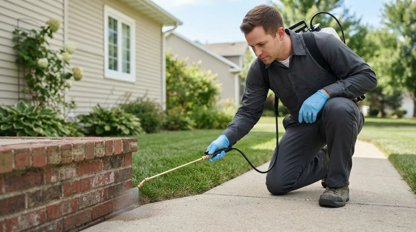 Pest control technician treating a home near Rolla, ND